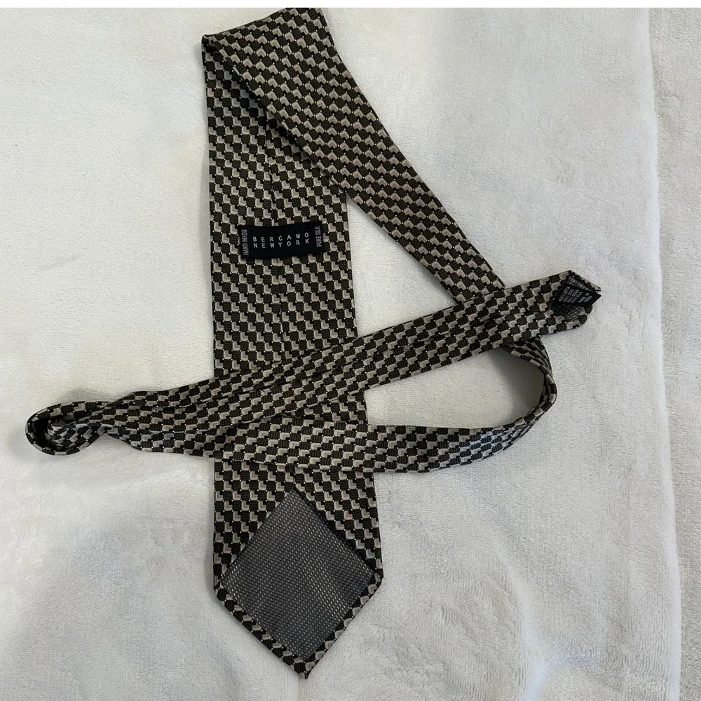 Bergamo New York Silk‎ Necktie Mens Checkered Geometric Pattern Black Beige